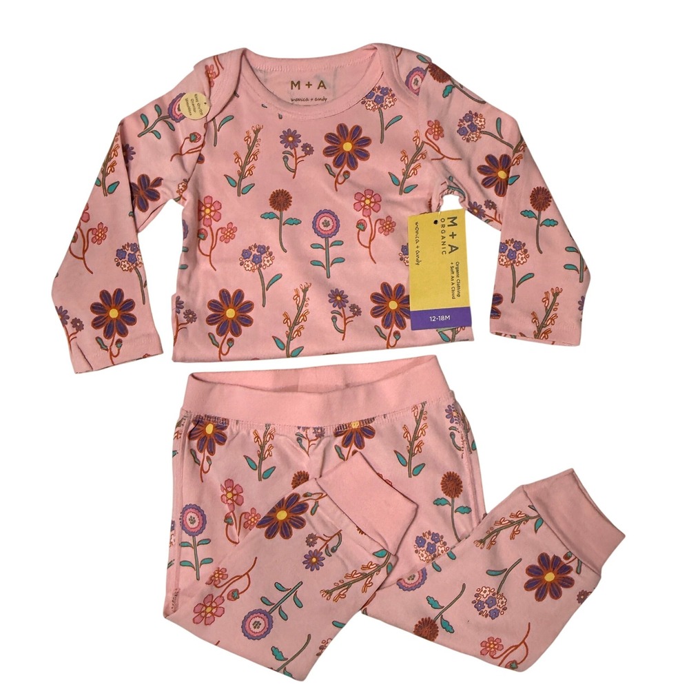 Monica + Andy Baby Girls Pajama Set Floral Organic‎ 12-18M Pink Cotton Sleepwear
